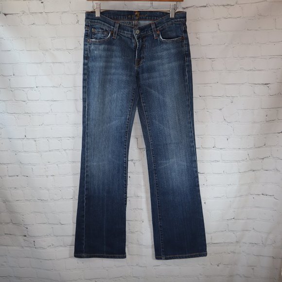 7 For All Mankind Blue Dark Wash Distressed Bootcut Jeans Women's Size 28 - Picture 1 of 9